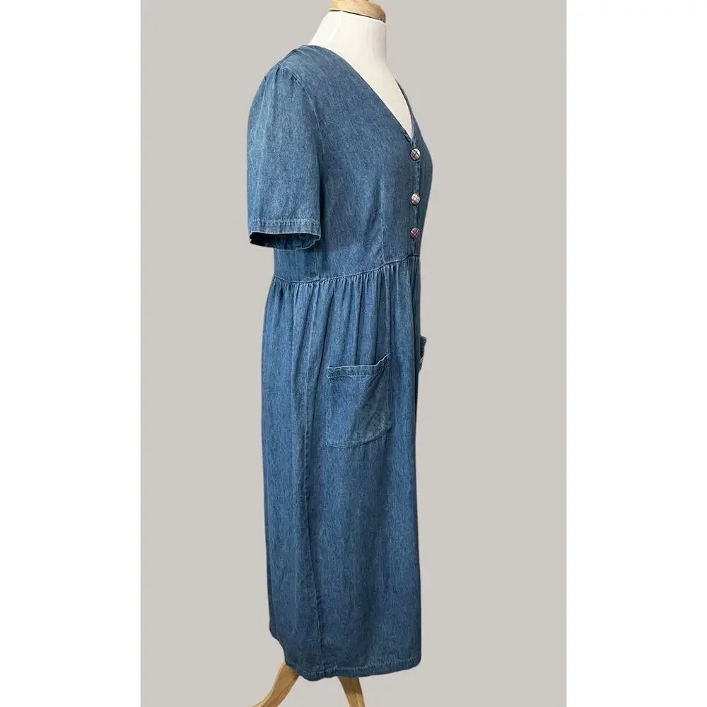 Vintage 90s Denim Maxi Dress Scottish Terrier Patch Prairie W/ Pockets Sz 8
